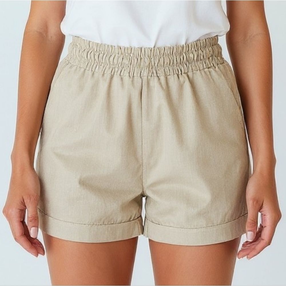 Nicole Bridger Linen Olive Elastic-Waist Shorts